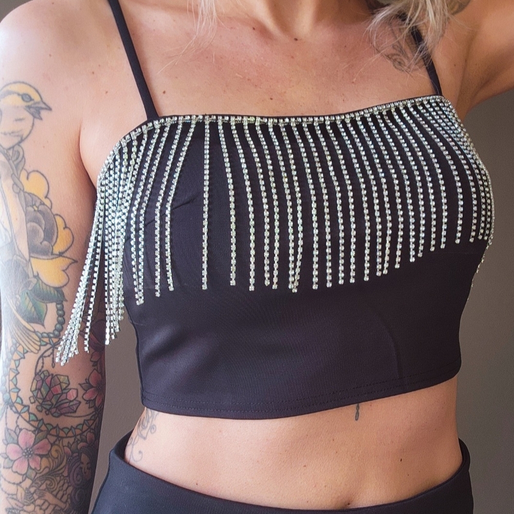 Rhinestone Fringe Black Top